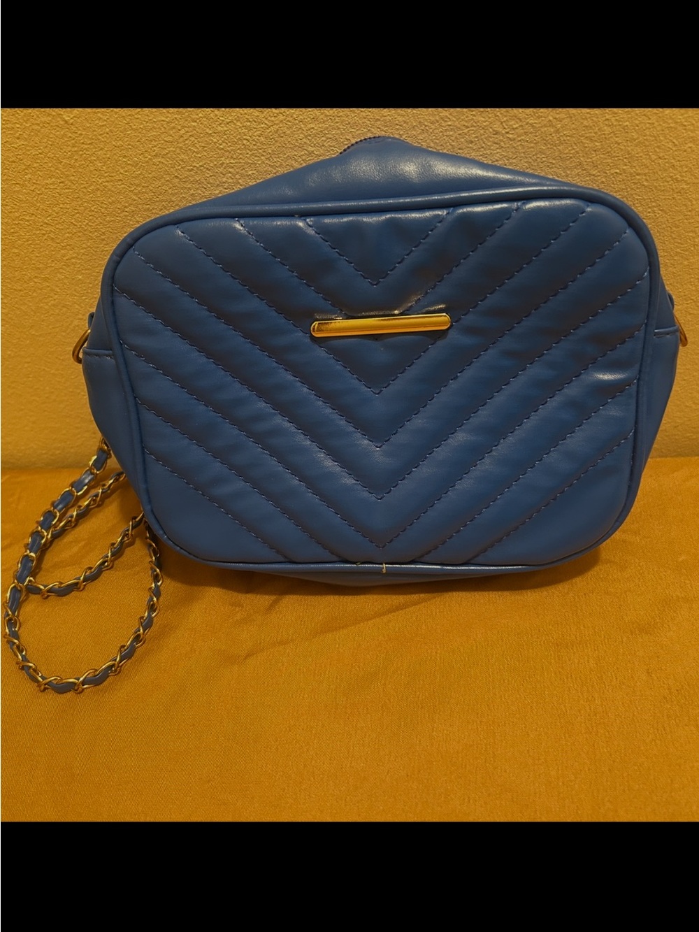 Blue Quilted Crossbody Bag with Gold Accent